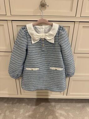 Janie and Jack Blue and White Tweed Dress with Cream Bow Collar